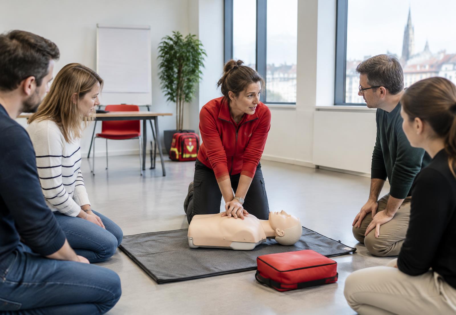 Instructeur toont reanimatie aan een groep werknemers